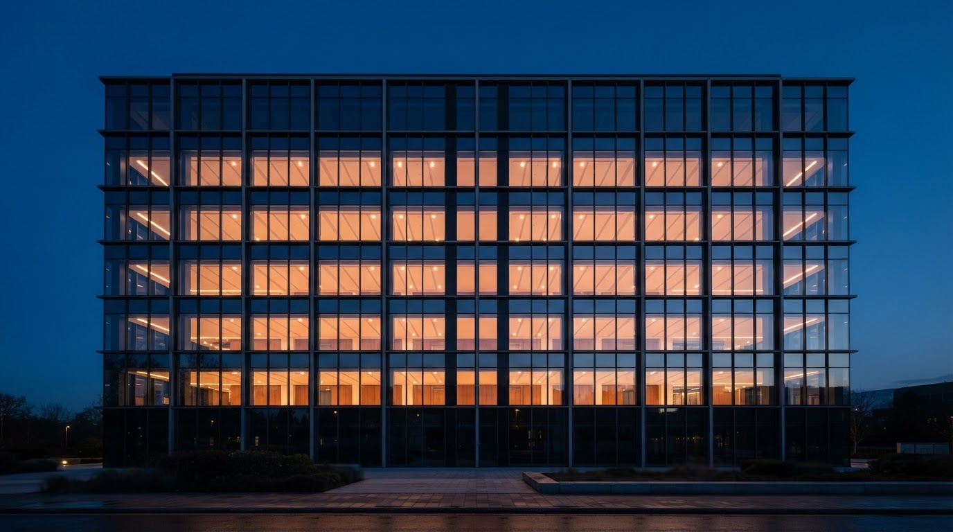 Modern glass office building facade at blue hour